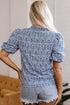 Floral Stripe Print Ric Rac Trim Puff Sleeve Blouse