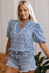Floral Stripe Print Ric Rac Trim Puff Sleeve Blouse