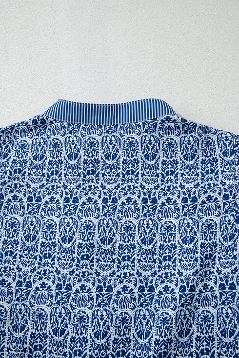 Floral Stripe Print Ric Rac Trim Puff Sleeve Blouse