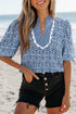 Floral Stripe Print Ric Rac Trim Puff Sleeve Blouse