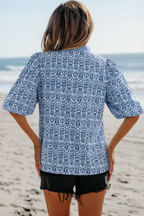 Floral Stripe Print Ric Rac Trim Puff Sleeve Blouse