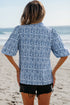 Floral Stripe Print Ric Rac Trim Puff Sleeve Blouse