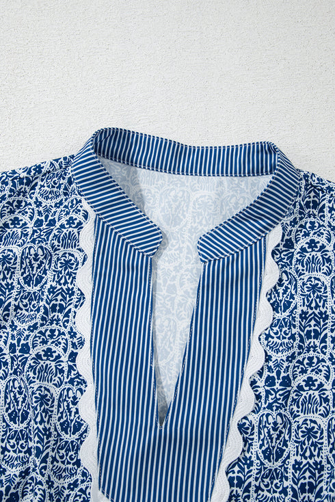 Floral Stripe Print Ric Rac Trim Puff Sleeve Blouse