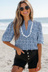 Floral Stripe Print Ric Rac Trim Puff Sleeve Blouse