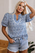 Floral Stripe Print Ric Rac Trim Puff Sleeve Blouse