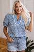 Floral Stripe Print Ric Rac Trim Puff Sleeve Blouse