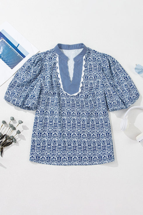 Floral Stripe Print Ric Rac Trim Puff Sleeve Blouse