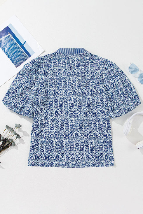 Floral Stripe Print Ric Rac Trim Puff Sleeve Blouse