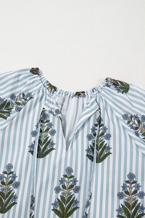 Floral Stripe Print Tie Neck Long Sleeve Blouse