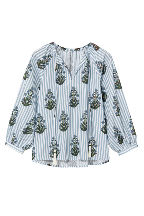 Floral Stripe Print Tie Neck Long Sleeve Blouse