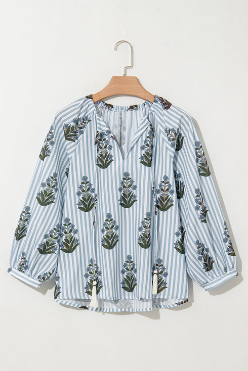 Floral Stripe Print Tie Neck Long Sleeve Blouse