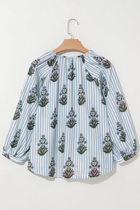 Floral Stripe Print Tie Neck Long Sleeve Blouse