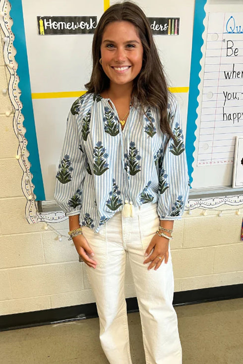 Floral Stripe Print Tie Neck Long Sleeve Blouse