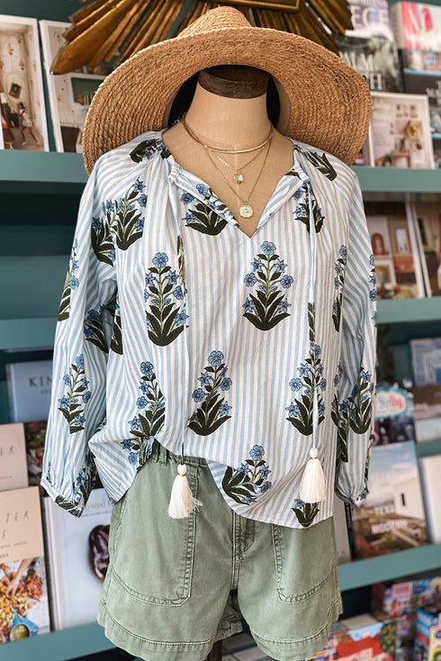 Floral Stripe Print Tie Neck Long Sleeve Blouse