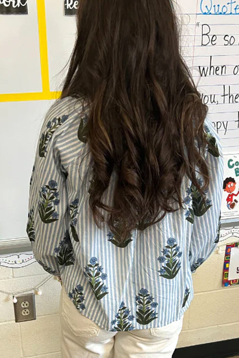 Floral Stripe Print Tie Neck Long Sleeve Blouse