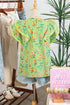Floral Stripe Rick Rack Scallop Trim Ruffle Sleeve Blouse