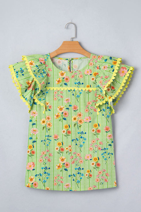 Floral Stripe Rick Rack Scallop Trim Ruffle Sleeve Blouse