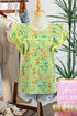 Floral Stripe Rick Rack Scallop Trim Ruffle Sleeve Blouse