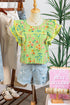 Floral Stripe Rick Rack Scallop Trim Ruffle Sleeve Blouse