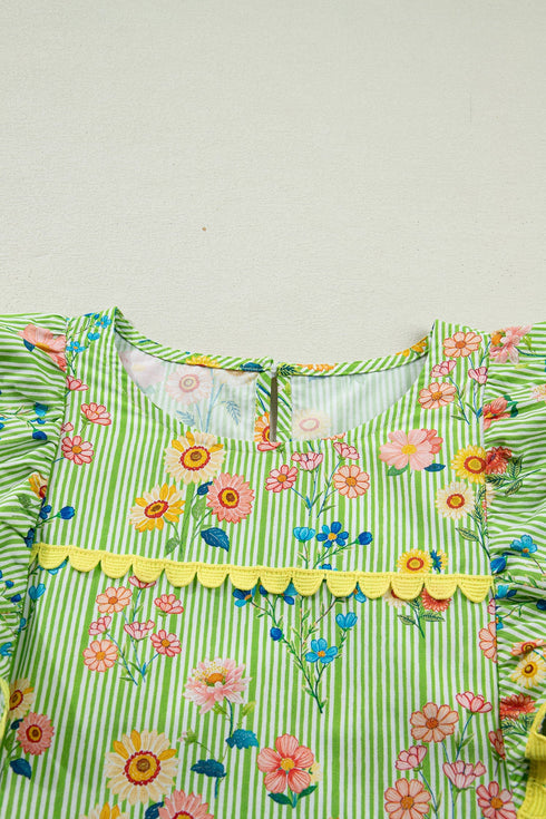 Floral Stripe Rick Rack Scallop Trim Ruffle Sleeve Blouse