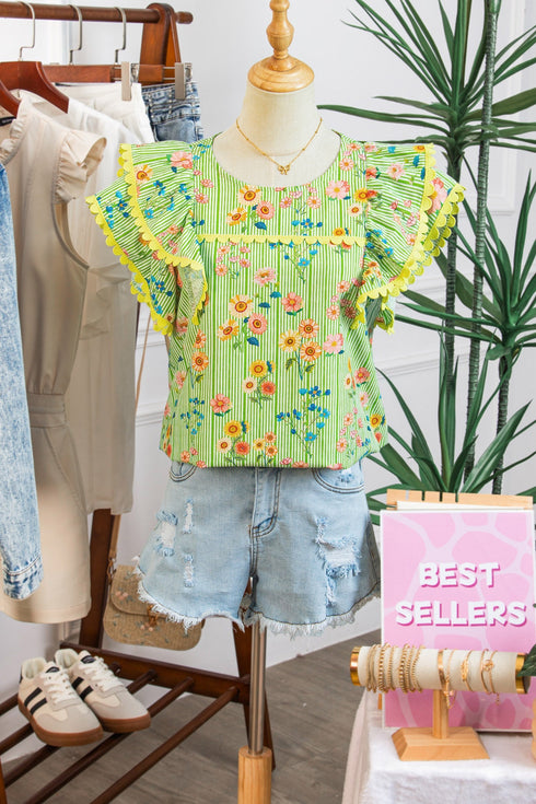 Floral Stripe Rick Rack Scallop Trim Ruffle Sleeve Blouse