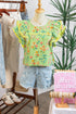 Floral Stripe Rick Rack Scallop Trim Ruffle Sleeve Blouse