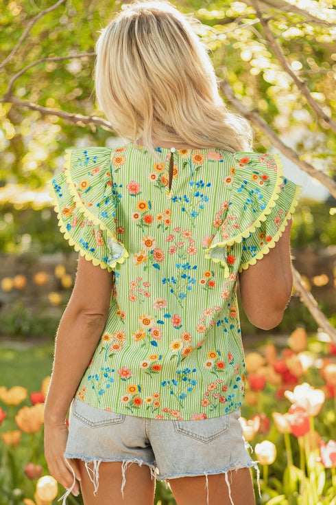 Floral Stripe Rick Rack Scallop Trim Ruffle Sleeve Blouse
