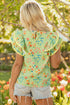 Floral Stripe Rick Rack Scallop Trim Ruffle Sleeve Blouse