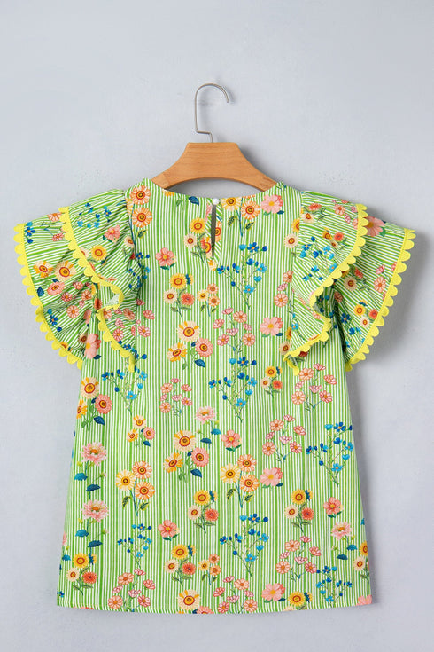 Floral Stripe Rick Rack Scallop Trim Ruffle Sleeve Blouse