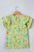Floral Stripe Rick Rack Scallop Trim Ruffle Sleeve Blouse