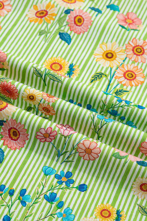 Floral Stripe Rick Rack Scallop Trim Ruffle Sleeve Blouse