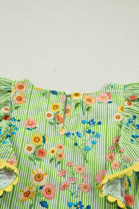 Floral Stripe Rick Rack Scallop Trim Ruffle Sleeve Blouse