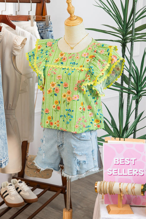 Floral Stripe Rick Rack Scallop Trim Ruffle Sleeve Blouse
