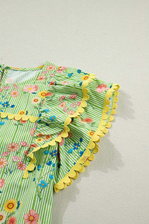 Floral Stripe Rick Rack Scallop Trim Ruffle Sleeve Blouse