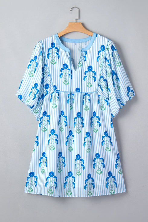 Floral Striped Bubble Short Sleeve A Line Mini Dress