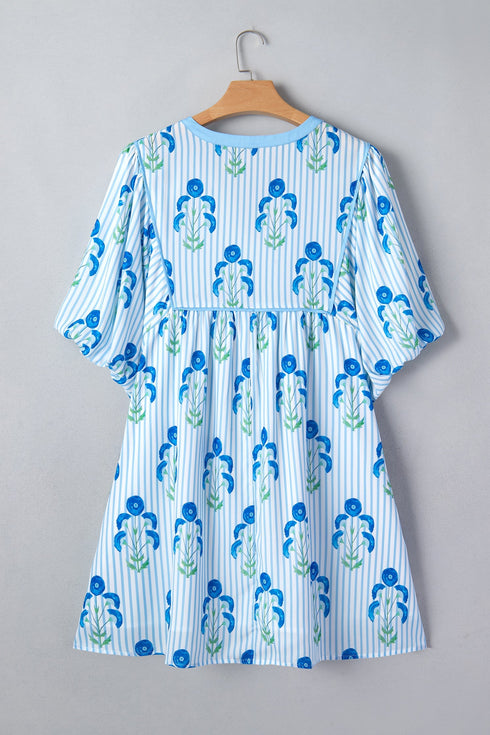 Floral Striped Bubble Short Sleeve A Line Mini Dress