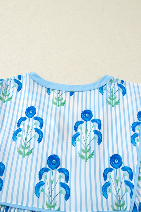 Floral Striped Bubble Short Sleeve A Line Mini Dress