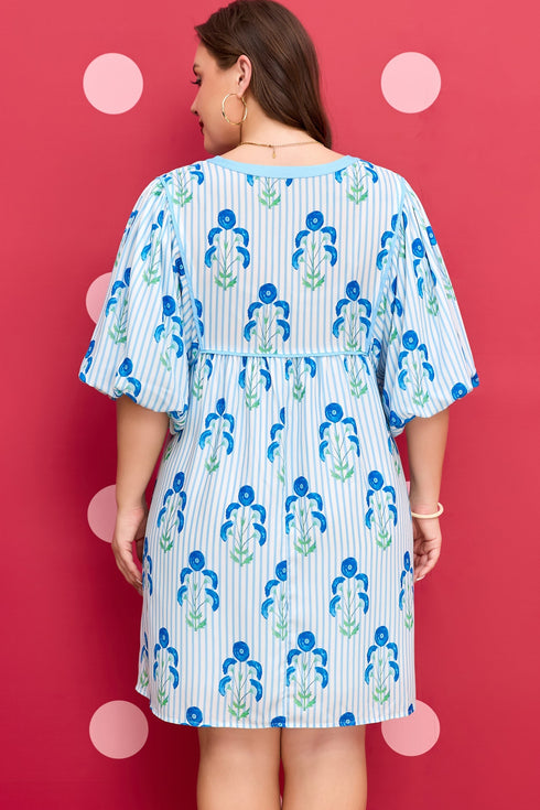 Floral Striped Bubble Short Sleeve A Line Mini Dress