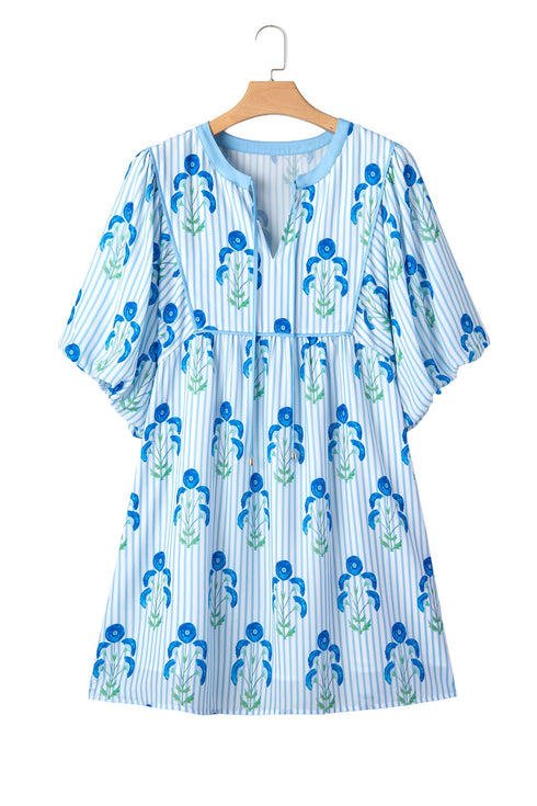 Floral Striped Bubble Short Sleeve A Line Mini Dress