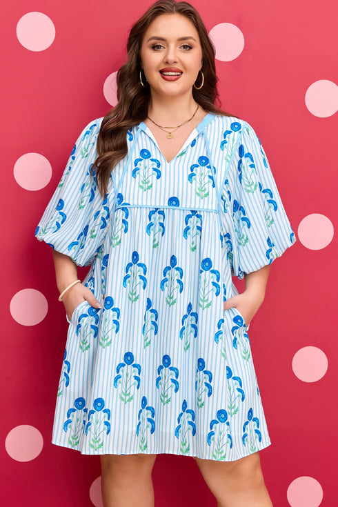 Floral Striped Bubble Short Sleeve A Line Mini Dress