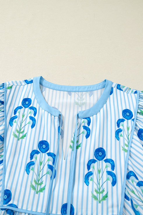 Floral Striped Bubble Short Sleeve A Line Mini Dress