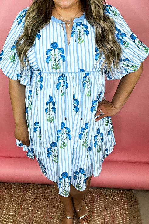 Floral Striped Bubble Short Sleeve A Line Mini Dress