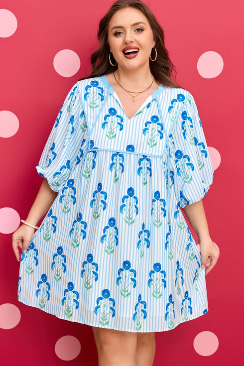 Floral Striped Bubble Short Sleeve A Line Mini Dress