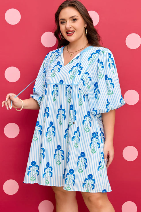 Floral Striped Bubble Short Sleeve A Line Mini Dress
