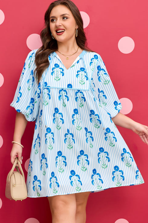 Floral Striped Bubble Short Sleeve A Line Mini Dress