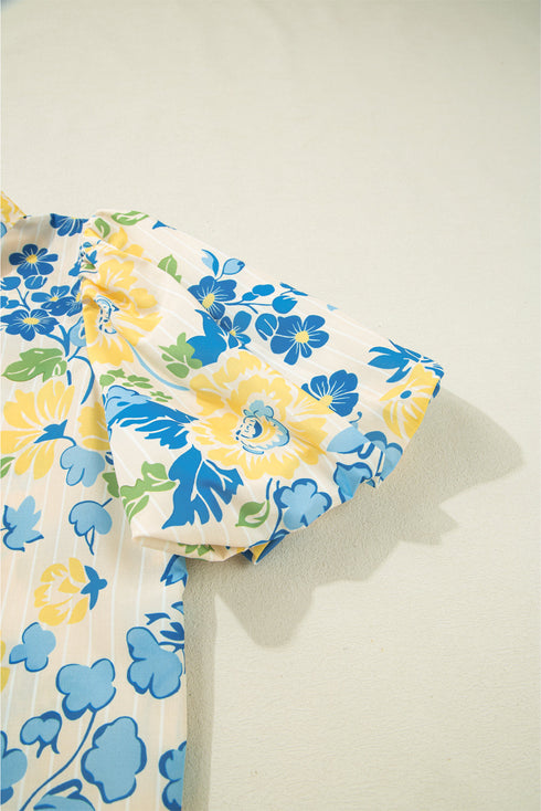 Floral Striped Mixed Print Puff Sleeve Woven Blouse