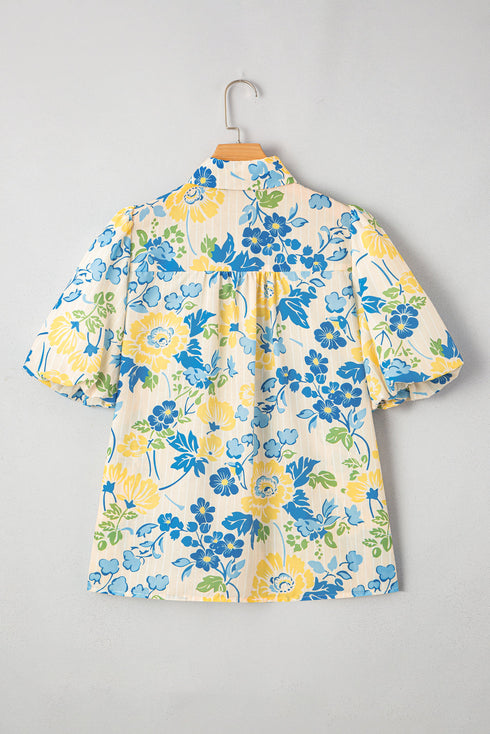 Floral Striped Mixed Print Puff Sleeve Woven Blouse
