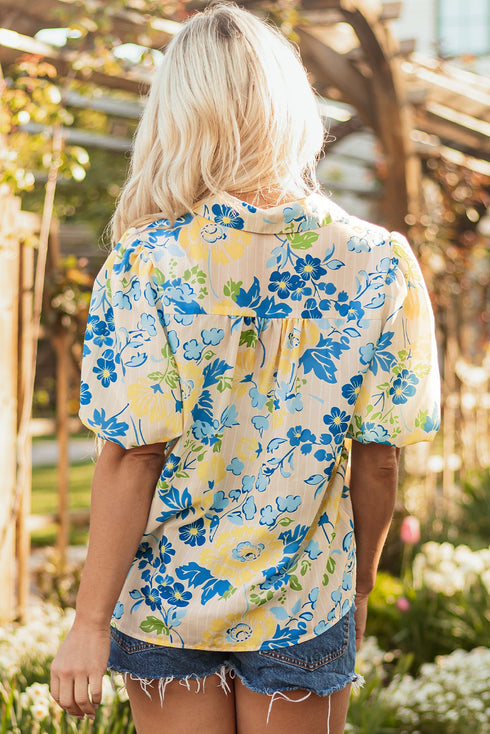 Floral Striped Mixed Print Puff Sleeve Woven Blouse