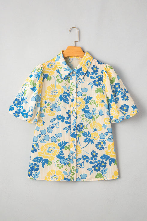 Floral Striped Mixed Print Puff Sleeve Woven Blouse