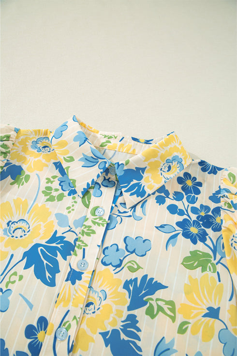 Floral Striped Mixed Print Puff Sleeve Woven Blouse
